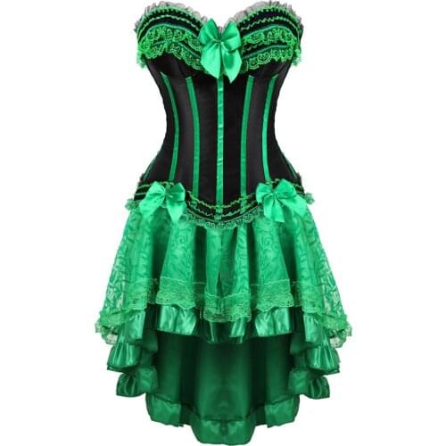 Plus Size S-6XL Sexy Womens Burlesque Green Corset Gothic Lace up Back Bustier Dancing Costume with Skirt Retro Clubwear