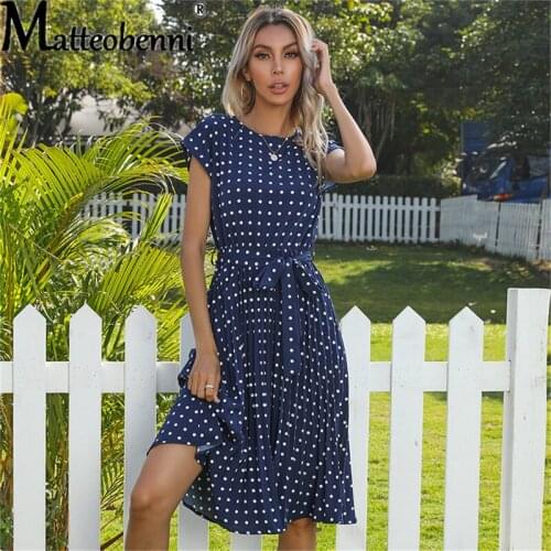 Summer Polk Dots Short Sleeve Pleated Dresses 2021 For Women Midi Vintage Elegant Office Green Dinner Party Clothes Dropshipping