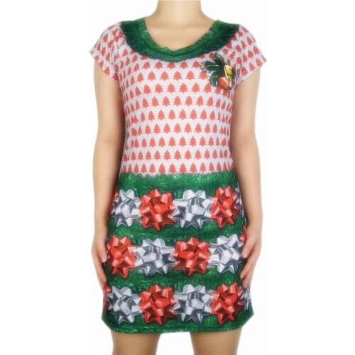 Cute V Neck Christmas Tree Ugly Christmas Dress for Women Kawaii Ladies 3D Print Short Sleeve Holiday Season Xmas Party Dress