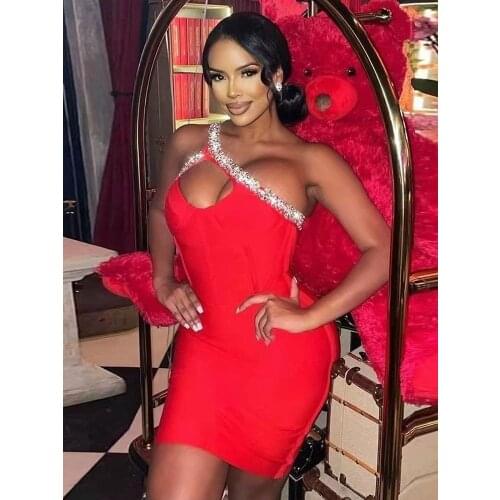 Ailigou High Quality Black One-Shoulder Shiny Diamond Beaded Rayon Bandage Dress Elegant Cocktail Party Dress Vestidos 2021 New