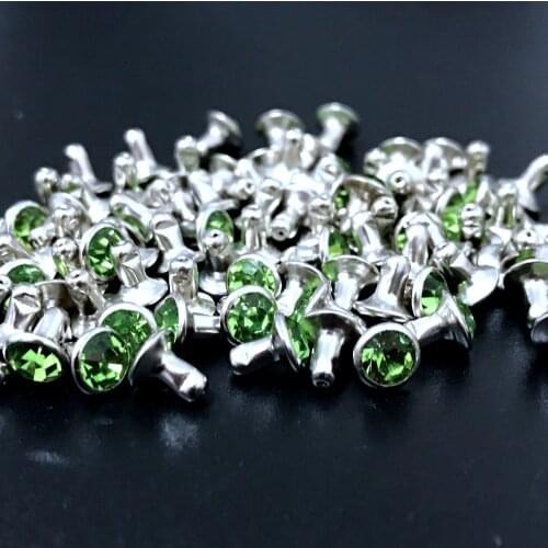100Sets 6mm Peridot Green CZ+++ Crystals Rhinestone Rivets Silver Nailhead Green Spots Studs Fit DIY Making Shipping Free