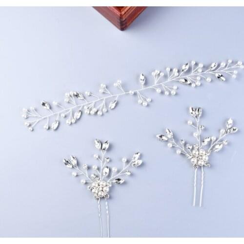 3PCS Silver Color Shiny Headbands Wedding Hair Accessories Pearl Hair Pins Head Decoration Crystal Hair Ornament For Women
