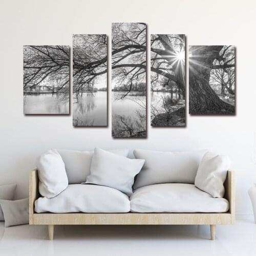 5 Pieces of Landscape Wall Art Painting At Sunrise Poster Black and White Tree Silhouette Living Room Home Decoration Frameless