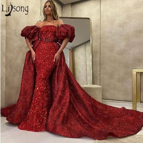 Abendkleider 2020 Sparkle Sequined Red Mermaid Prom Dresses With Detachable Train Puff Short Sleeves Long Prom Gowns