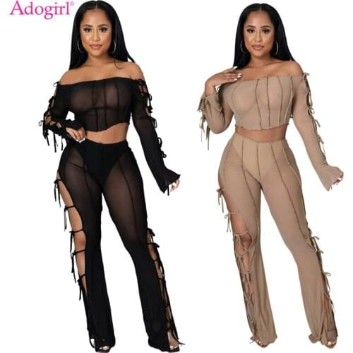 Adogirl Lace Up Sheer Mesh Two Piece Set Women Sexy Off Shoulder Long Sleeve Crop Tops Hollow Out Pants Fashion Night Club Suit