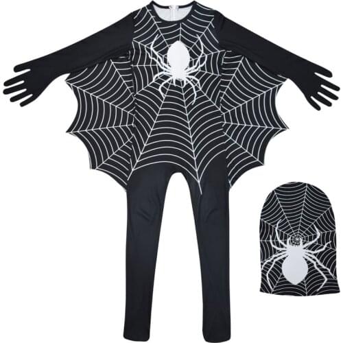 Children Boys Spider Cobweb Print Tight-fitting Hat Carnival Party Role Playing Outfits Halloween Cosplay Costumes Spider Black