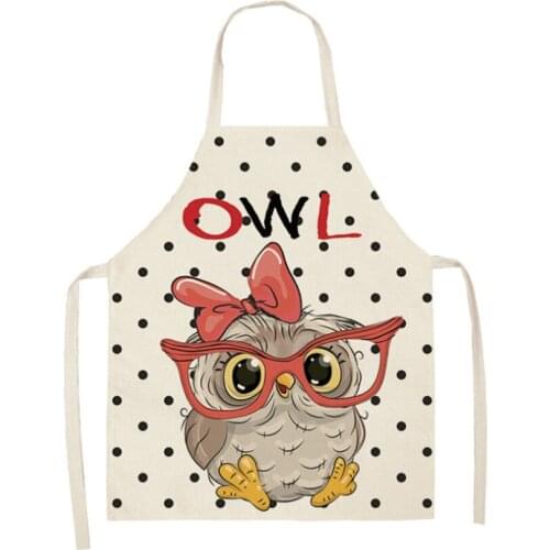 Cartoon Linen Kitchen Apron for Women Cut Owl Pinafore Hairdresser Cape for Cooking Household Cleaning Japanese Kitchen