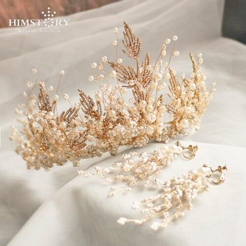 HIMSTORY Handmade Gold Rhinestone Pearl Tiara Crown Vintage Leaf Branch Headpiece Bridal Wedding Dressing Crown Accessories