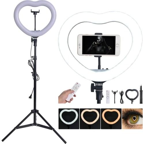 Fusitu Heart-Shaped LED Lighting Bi-color Lamp Photography Light 3200K-5600K Lamp With Tripod Remote For Makeup Selfie Studio