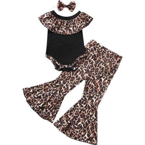 FOCUSNORM 0-18M Newborn Baby Girls Clothes Sets 3pcs Leopard Printed Off Shoulder Romper Tops Flare Pants Headband