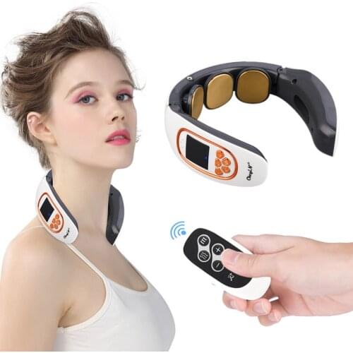 Remote Control Neck Massager Cervical Vertebra Physiotherapy Pulse Shoulder Massage Device Hot Compress Pain Relief 2 TENS Pads