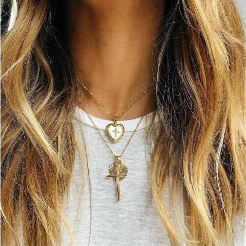 Fashion necklace two layer heart cross slide pendant Singapore twist chain metal chain gold color plated for woman gift