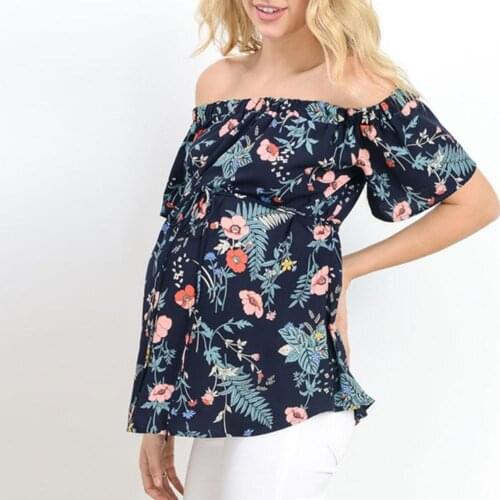 Fashion large size maternity dress short-sleeved shirt breastfeeding off-the-shoulder print floral bow T-shirt maternity dress