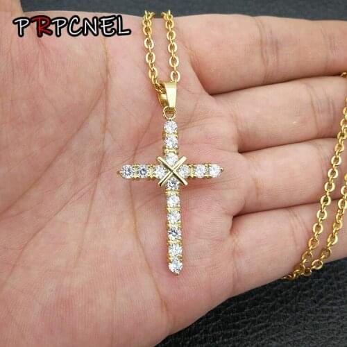 Men Women Hip hop 2 color Zircon Cross Pendant Gold Silver Stainless Steel Iced CZ Cross Pendants Necklace Chain Fashion Jewelry
