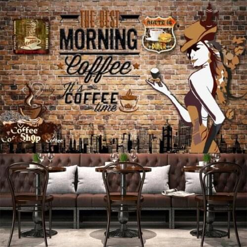 Custom Size Retro Brick Wall Coffee Theme 3D Wall Paper Cafe Industrial Decor Mural KTV Bar Decoration Self-adhesive Wallpaper