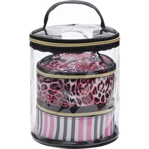 2019 New PVC Transparent Cosmetic Bag 3 Piece Set Waterproof Wash Bag Travel Portable Storage Bag Pink Leopard Printing Pattern