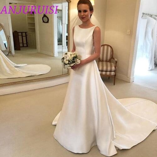 ANJURUISI 2020 New Boho A-line Scoop Backless Wedding Dress Chapel Train Satin Bow On Back Country Bride Gown Vestido de Noiva