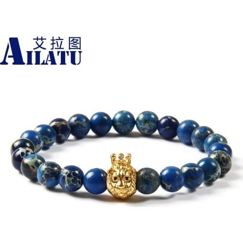 Ailatu New Design 8mm Blue Sea Sediment Stone Beads with Black Cz Eye Crown Lion Head Energy Bracelet Animal Shape
