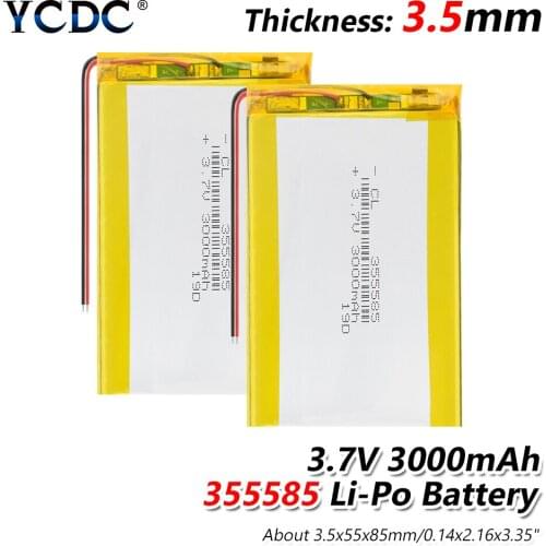 New Rechargeable 355585 3000mAh 355585 3.7V Lithium Polymer Li-ion Battery For Phone E-book MP4 MP5 DVD Bluetooth Speaker DVR