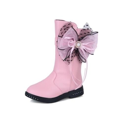 Autumn Winter PU Leather Girls Boots Fleece Children Snow Boots Big Knot Bow Girls Princess High Boots Kids Girls Winter Shoes