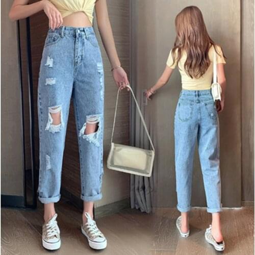 High Waist Straight Beggar Jeans for Women 2020 Newest Streetwear Loose Jeans Buttons Zipper Ladies Hole Harem Denim Pants Femme