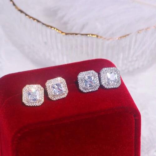 Luxury Female Crystal Cubic Zircon Stone Stud Earrings Classic Simple Geometric Square Earrings for Women Wedding Party Jewelry