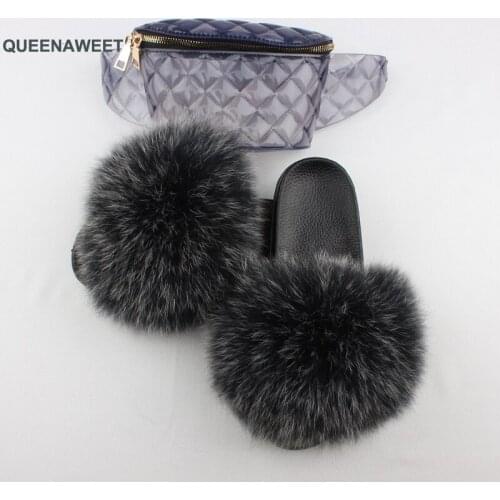 Summer Women Fur Slippers Fluffy Real Fox Hair Slides Set Furry Sandals Ladies Rainbow Jelly Bag Purse And Herringbone Slides