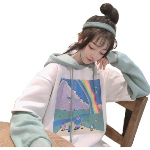 Hoodies Women Printed Patchwork Hoody Simple Thicker All-match Loose Simple Korean Style BF Drawstring Womens Streetwear Hoodie