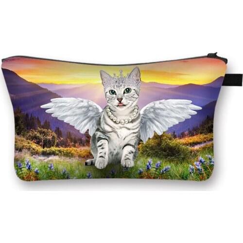 Angel Cat with Wings Cosmetic Bag Women Canvas Makeup Bag Ladies Cosmetic Bags Girls Make Up Bag For Travel Girls Storage Bag