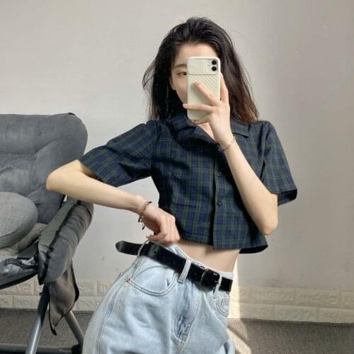 Plaid Short-sleeved Shirt Female 2021 Summer Korean Design Sense Niche Retro High-waisted Slim Cropped Short Top