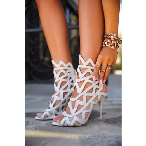 New Design Women Fashion Open Toe Straps High Heels Sandals Cut-out White Black Suede Leather Thin Heel Sandals Dress Shoes