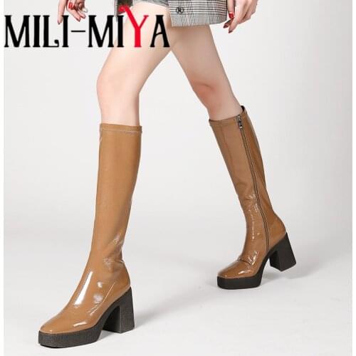 MILI-MIYA New Arrival Women Cow Leather Boots Knee-High Zipper Solid Color Platform Heels Square Heels Square Toe Size 34-41