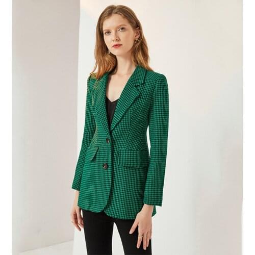 Glamoda green plaid single breasted long blazer houndstooth defined waist fashion coat high street women blazer vintage