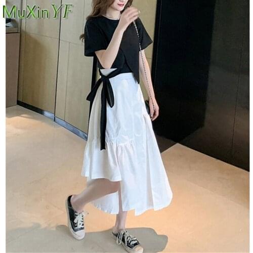 Women Skirt Suit 2021 New Summer Simple Short Top Dress Two Piece French Casual T-Shirt High Waist Sexy Dresses Set Midi Skirts