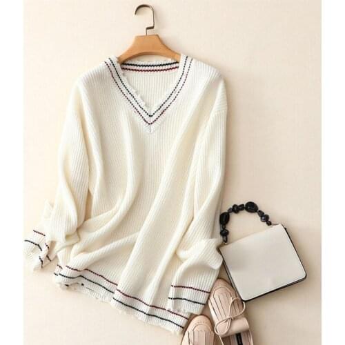 100% cashmere v neck sweaters women contrast oversized pullovers korean fashion ribbed knit long sleeve ladies cosy knitwear