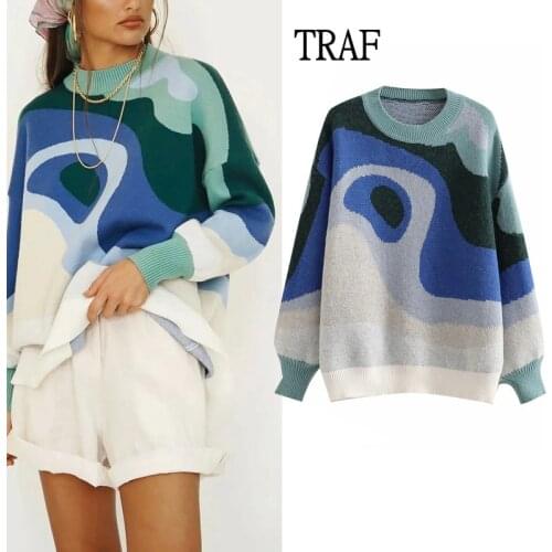 TRAF Za 2021 Knitted Sweater Women Oversized Pullovers Women Autumn Winter Loose Long Sleeve Woman Clothing Sweaters Streetwear