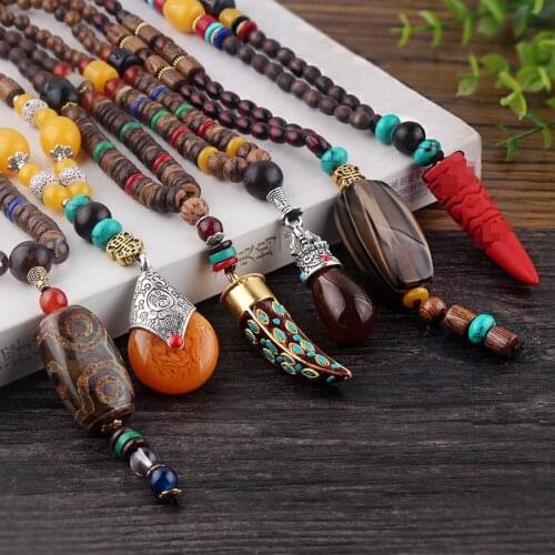 WEIYU Nepal Buddhist Mala Wood Beads Necklace Imitation Stone Pendant Necklace Ethnic Horn Long Statement Necklace For Women Men