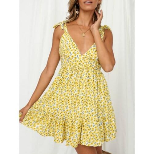 Female Casual Beach Dress Sexy Floral Printing Ruffle Sundress Sleeveless Tie Up Shoulder V-neck Short Vestidos for Summer Women