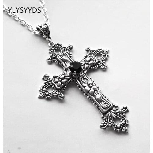 Gothic Large Detailed Cross Black Drill Jewel Necklace Tone Pendant Goth Punk Jewellery Halloween Charm Statement Women Gift