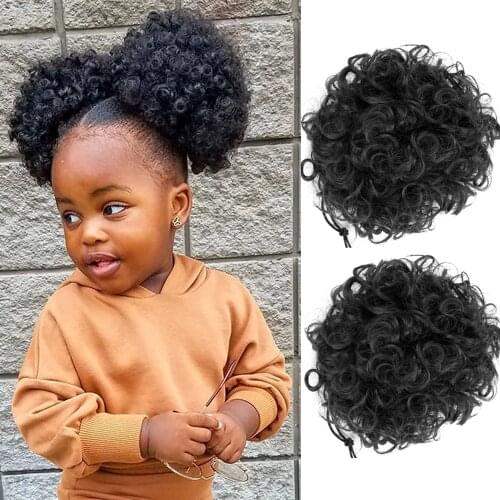 2Pcs Synthetic Afro Kinky Hair Bun Chignon Postiche Cheveux High Temperature Fiber Drawstring Ponytail on Puff Hair Bun For Kids