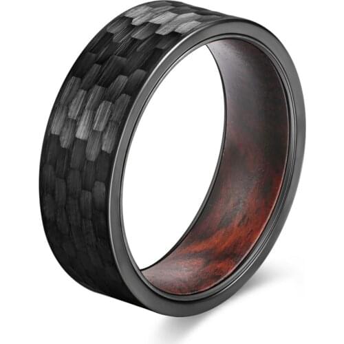 8mm Width Vintage Ring Male Black Tungsten Rings for Party Promise Band Hammer Design Wood Inside High Polished Comfort Fit 6-11