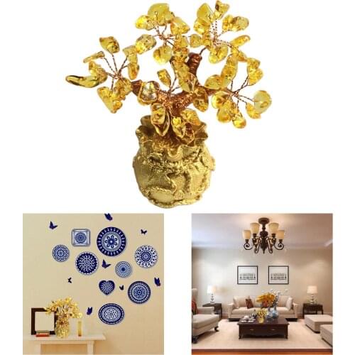 Tree Bonsai Tree Quartz Crystal Money Tree Feng Shui Decoration for Wealth and Luck (Yellow)