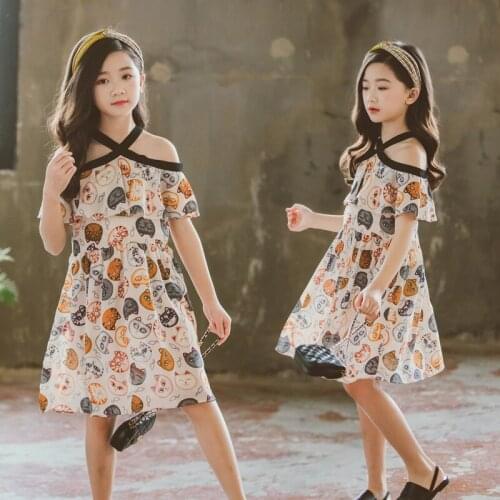 Kids Cat Head Cartoon Chiffon Dress Girl Clothes for Christmas Birthday Costume Princess Party Dresses Children Beach Vestidos