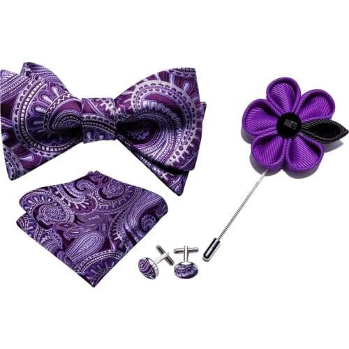 Bowtie for Men Purple Self-tied Bows Paisley Silk Tie Set Pocket Square Cufflinks Boutonniere Gift for Wedding Party Barry.Wang