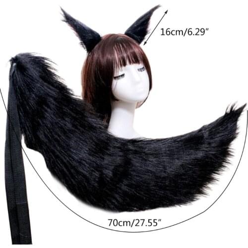 K3NF Japanese Anime Cosplay Costume Accessory Adult Kids Fluffy Plush Cat Wolf Ears Hair Clips Solid Color Long Animal Tail