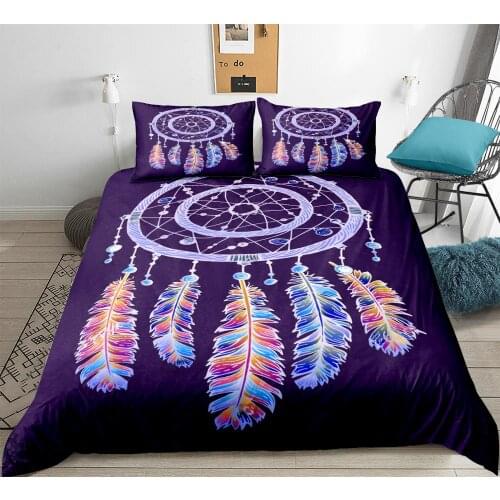 3 Pieces Purple Dreamcatcher Duvet Cover Set Boho Dreamcatcher Bedding Feathers Quilt Cover Queen Bed Set Kids Teens Dropship