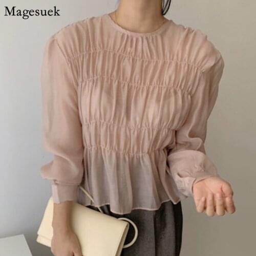 Korean Chic Solid Pleated Puff Long Sleeve Blouse See Through O-Neck Summer Shirt Top Fashion Design Women Clothing Blusas 11357