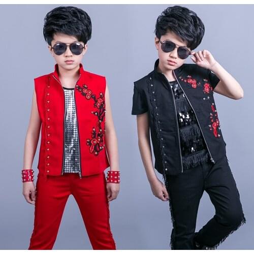 Kids Jazz Costume Hip Hop Performance Clothing Boys Singer Stage Red Fringe Jacket Pants Chinese Style Dance Wear Suit DNV15218