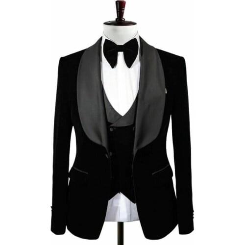 TPSAADE Mens 3 Pieces Prom Black Velvet Dinner Groom Tuxedos Wedding Formal Blazer Best Man Lapel Men Suits (Jacket+Vest+Pants)