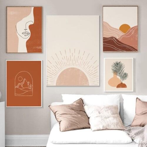 Boho Abstract Landscape Nordic Posters and Prints Beige Gallery Wall Art Canvas Painting Sun Woman Face Line Art Pictures Decor